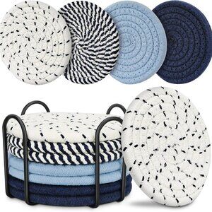 Boho Decor Coasters with Holder Bohemian Rope Farmhouse Blue